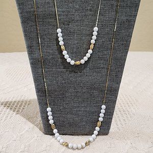 MCM 2 x Vintage Floating Round White and Spiral Gold Bead Gold Chain Necklace